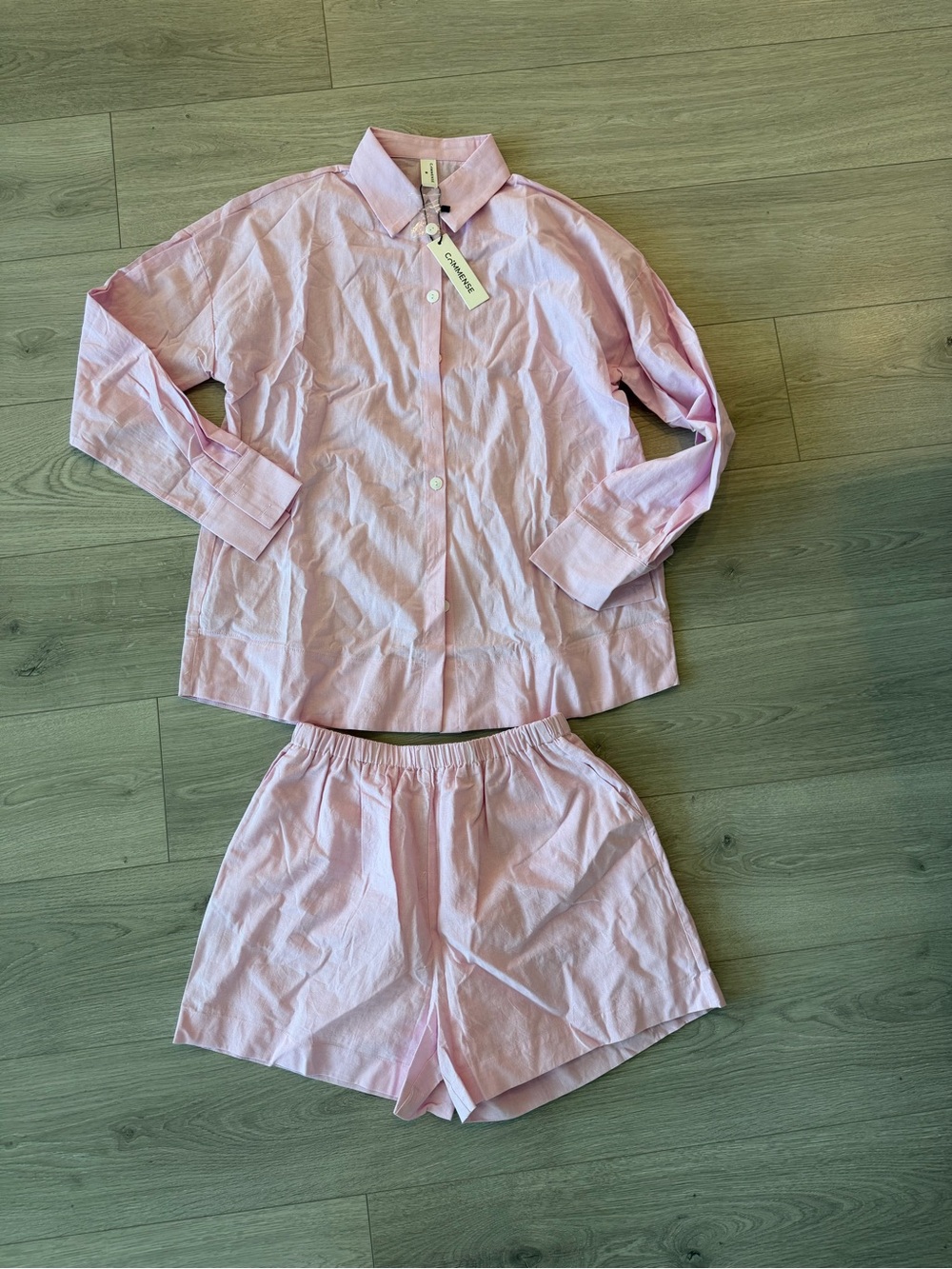 Commense cotton beach two piece short set with long sleeve button down in pink